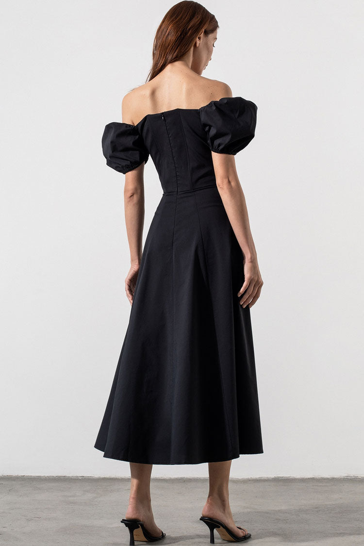 Tie Front Puff Sleeve Off Shoulder Split Fit Flare Midi Dress 3