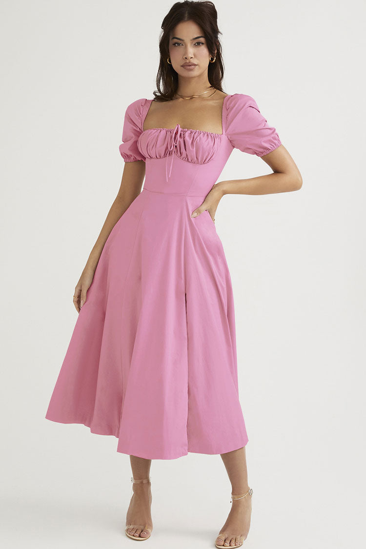 Tie Front Puff Sleeve Off Shoulder Split Fit Flare Midi Dress
