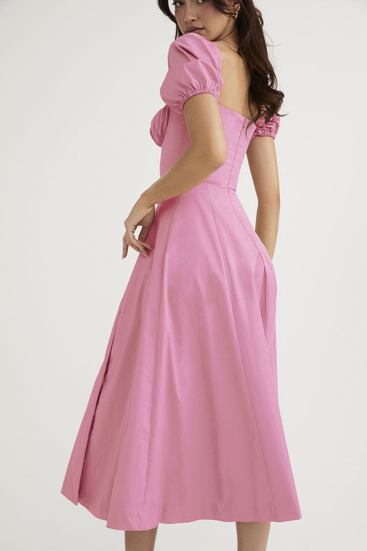 Tie Front Puff Sleeve Off Shoulder Split Fit Flare Midi Dress 2