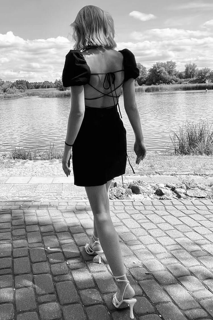 Breezy Ruched Square Neck Puff Sleeve Lace Up Back Party Mini Dress - Black Fashionpara