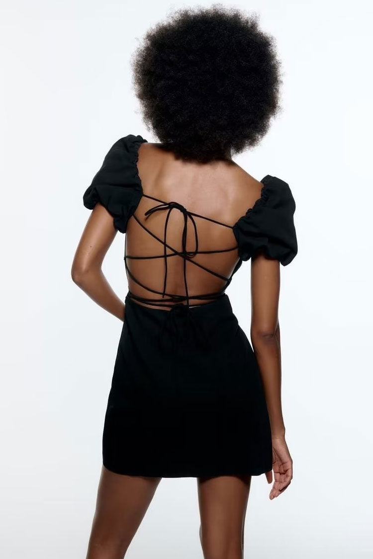 Breezy Ruched Square Neck Puff Sleeve Lace Up Back Party Mini Dress - Black Fashionpara