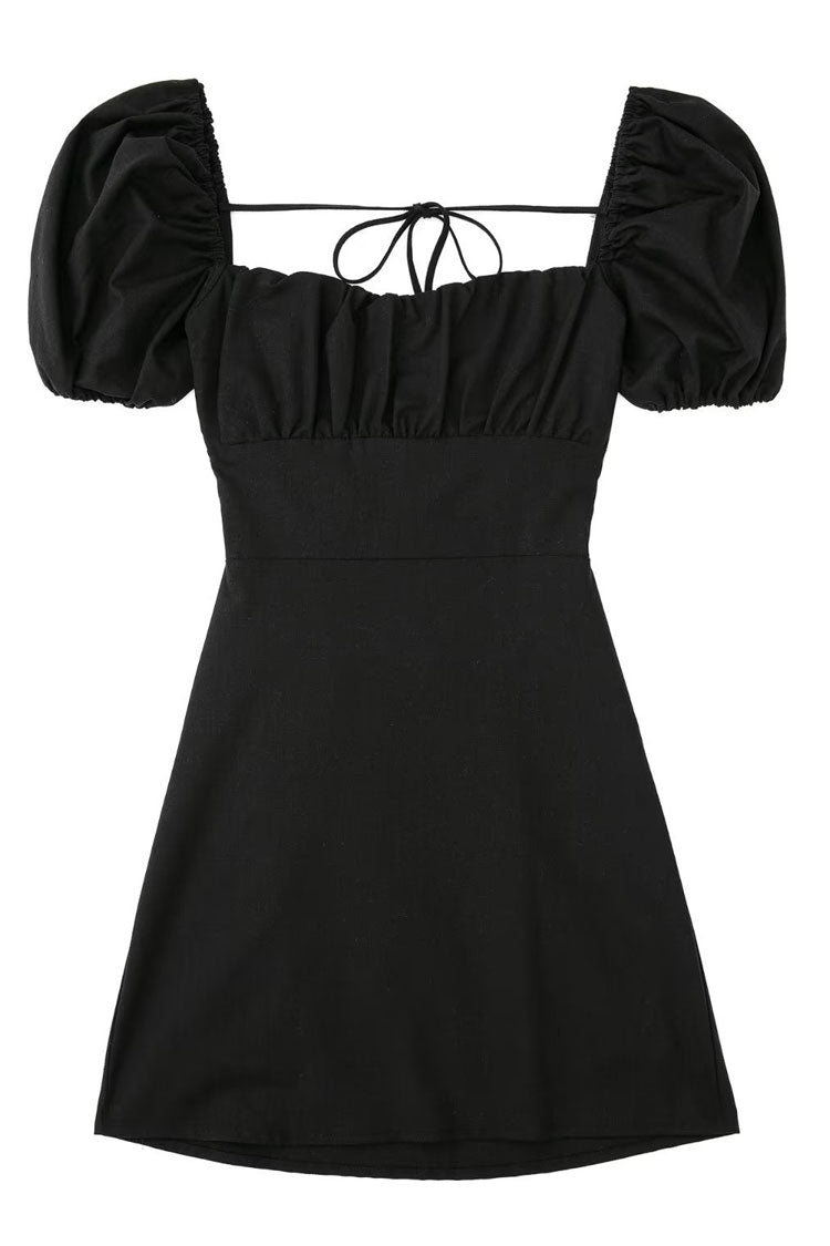 Breezy Ruched Square Neck Puff Sleeve Lace Up Back Party Mini Dress - Black Fashionpara