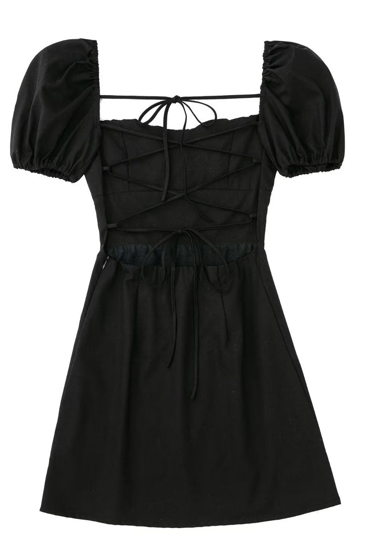 Breezy Ruched Square Neck Puff Sleeve Lace Up Back Party Mini Dress - Black Fashionpara