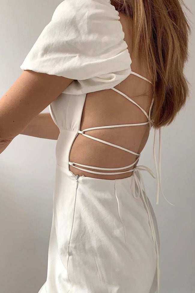 Breezy Ruched Square Neck Puff Sleeve Lace Up Back Party Mini Dress - White Fashionpara