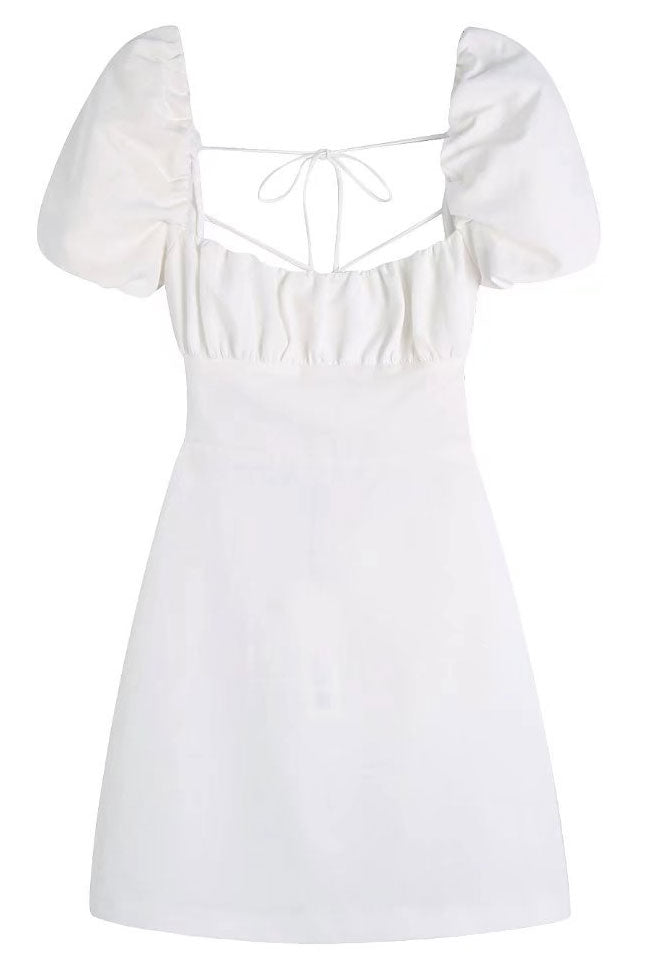 Breezy Ruched Square Neck Puff Sleeve Lace Up Back Party Mini Dress - White Fashionpara
