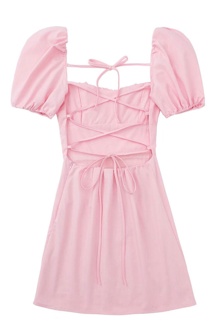 Breezy Ruched Square Neck Puff Sleeve Lace Up Back Party Mini Dress - Pink Fashionpara