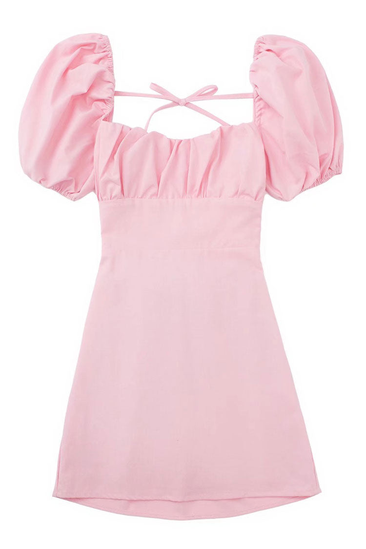 Breezy Ruched Square Neck Puff Sleeve Lace Up Back Party Mini Dress - Pink Fashionpara
