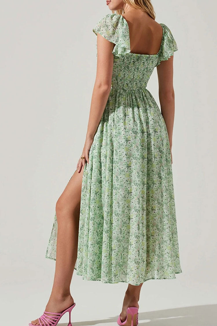 Breezy Square Neck Pleated Fit & Flare Split Floral Printed Midi Dress - Green - Fashionpara