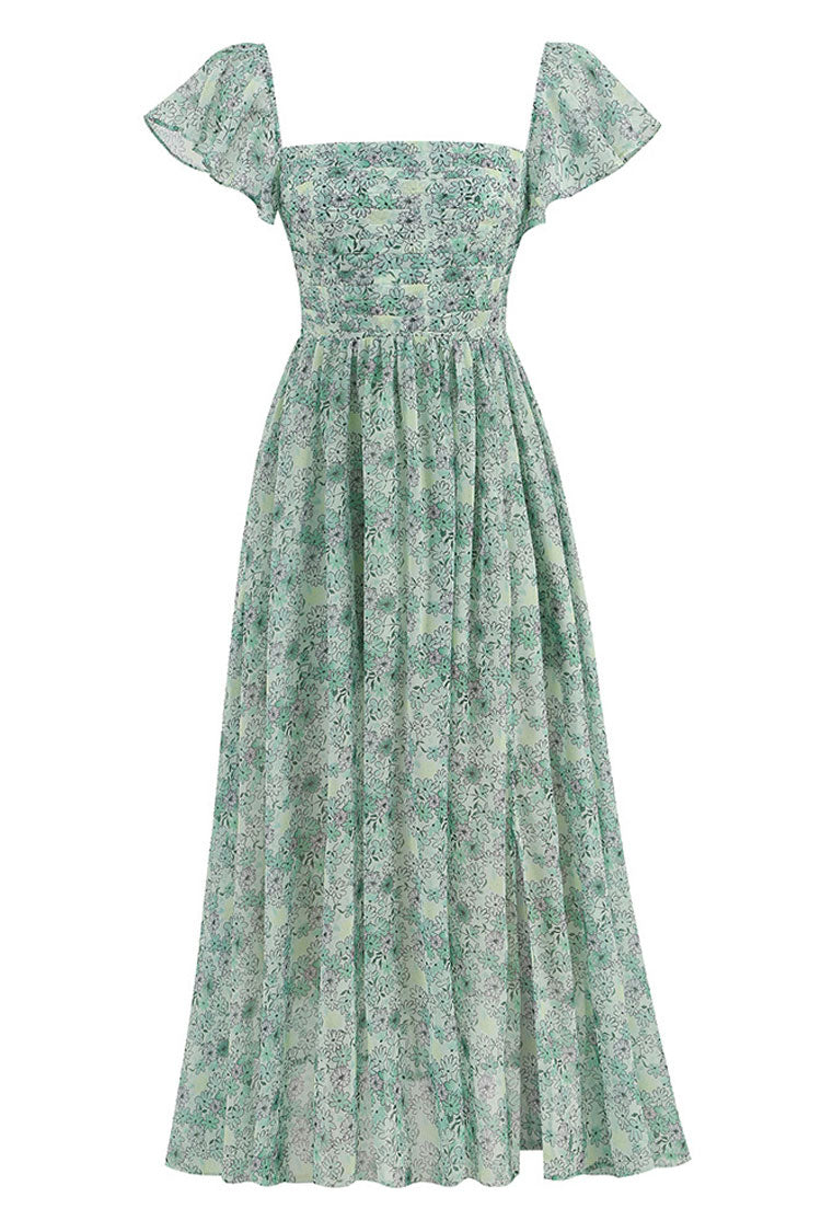 Breezy Square Neck Pleated Fit & Flare Split Floral Printed Midi Dress - Green - Fashionpara