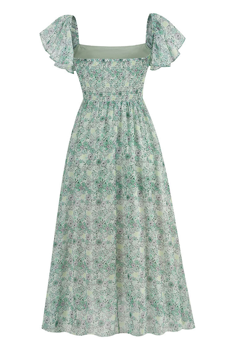 Breezy Square Neck Pleated Fit & Flare Split Floral Printed Midi Dress - Green - Fashionpara