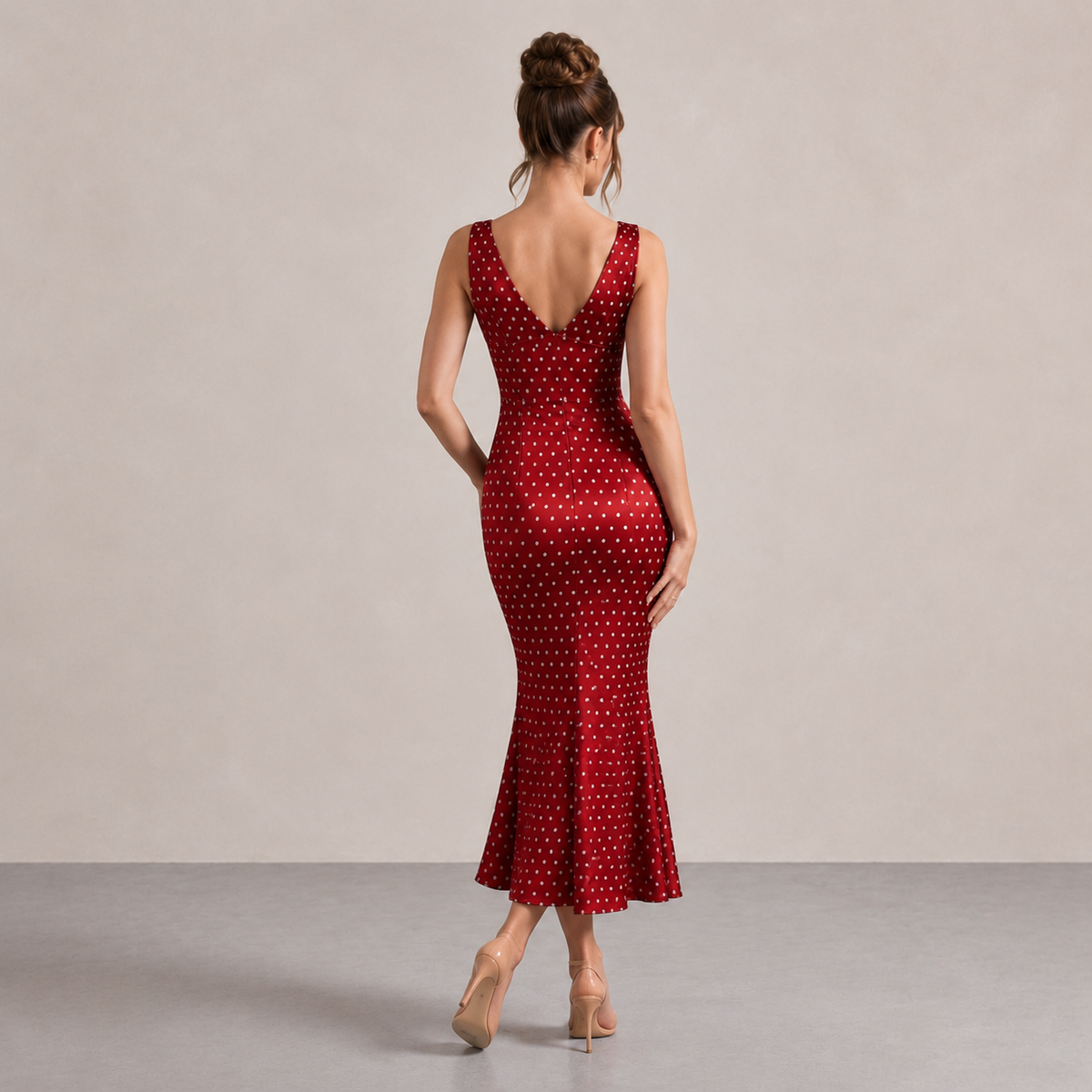 Polka Dot Satin V-Neck Fishtail Midi Dress 15
