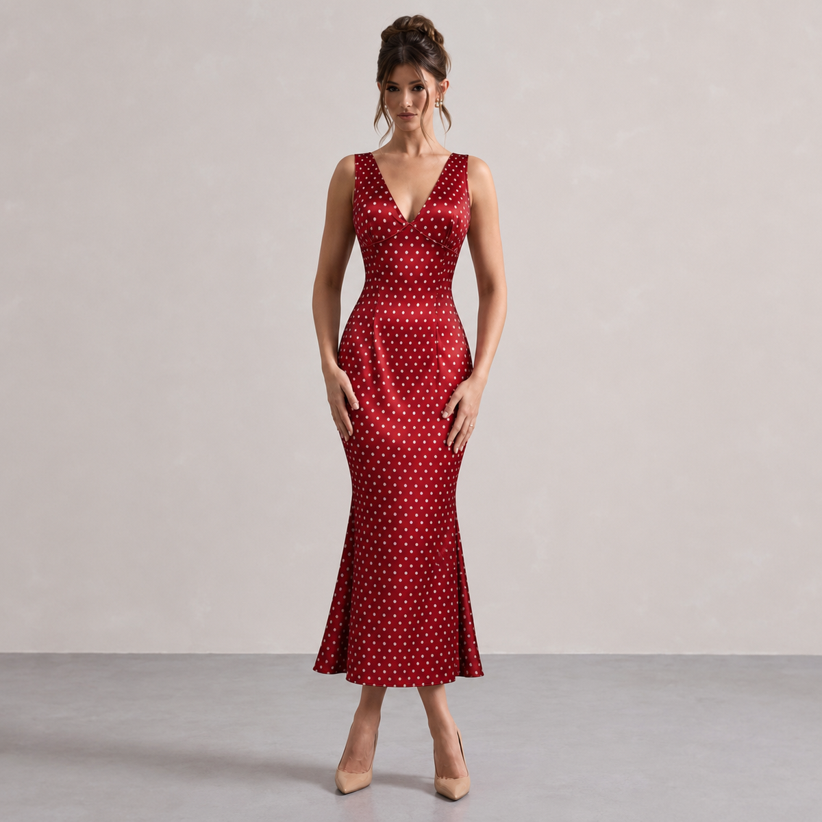 Polka Dot Satin V-Neck Fishtail Midi Dress 13