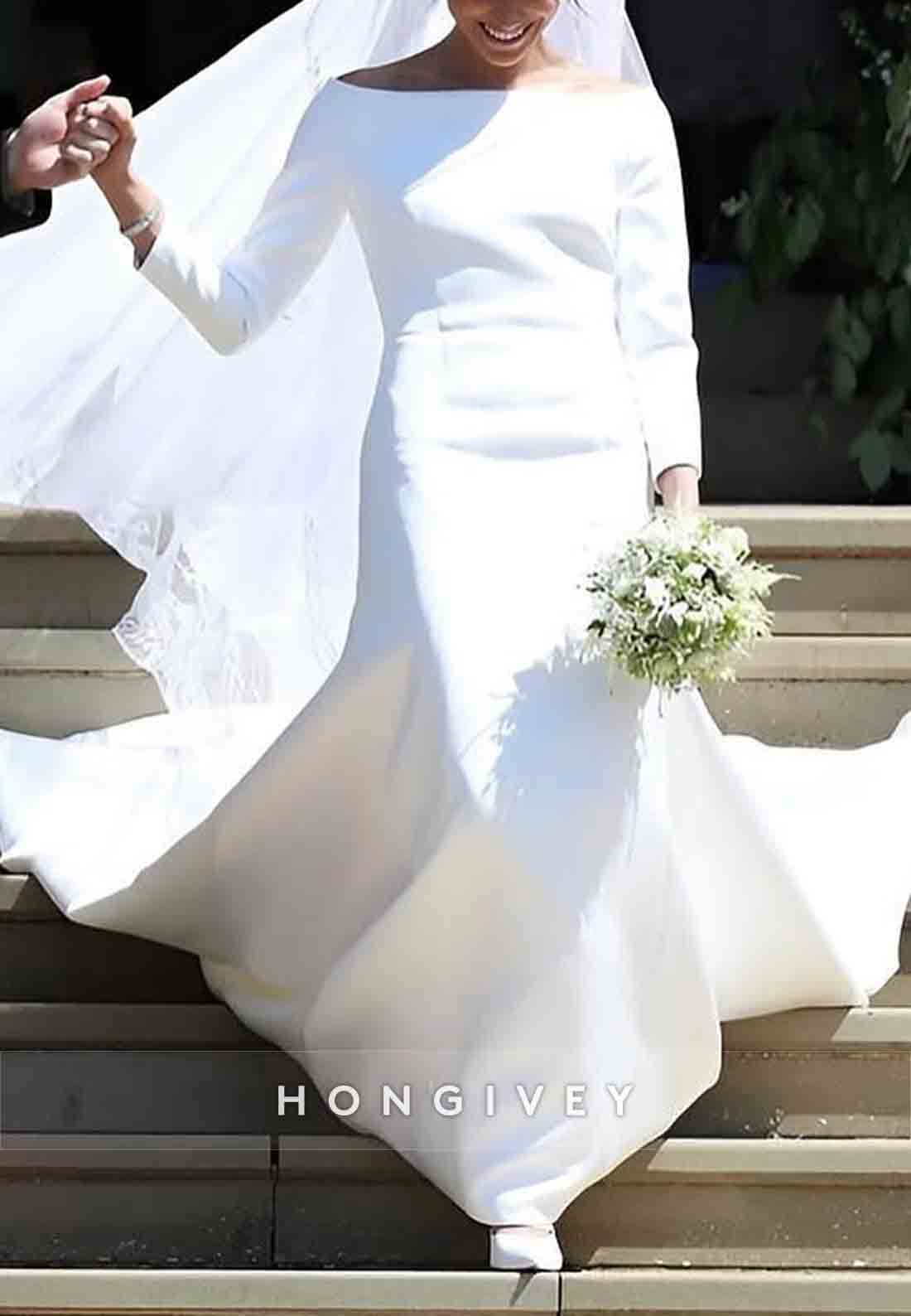 Chapel Train Bateau Neck Satin Long Sleeve Pleated Wedding Dresses