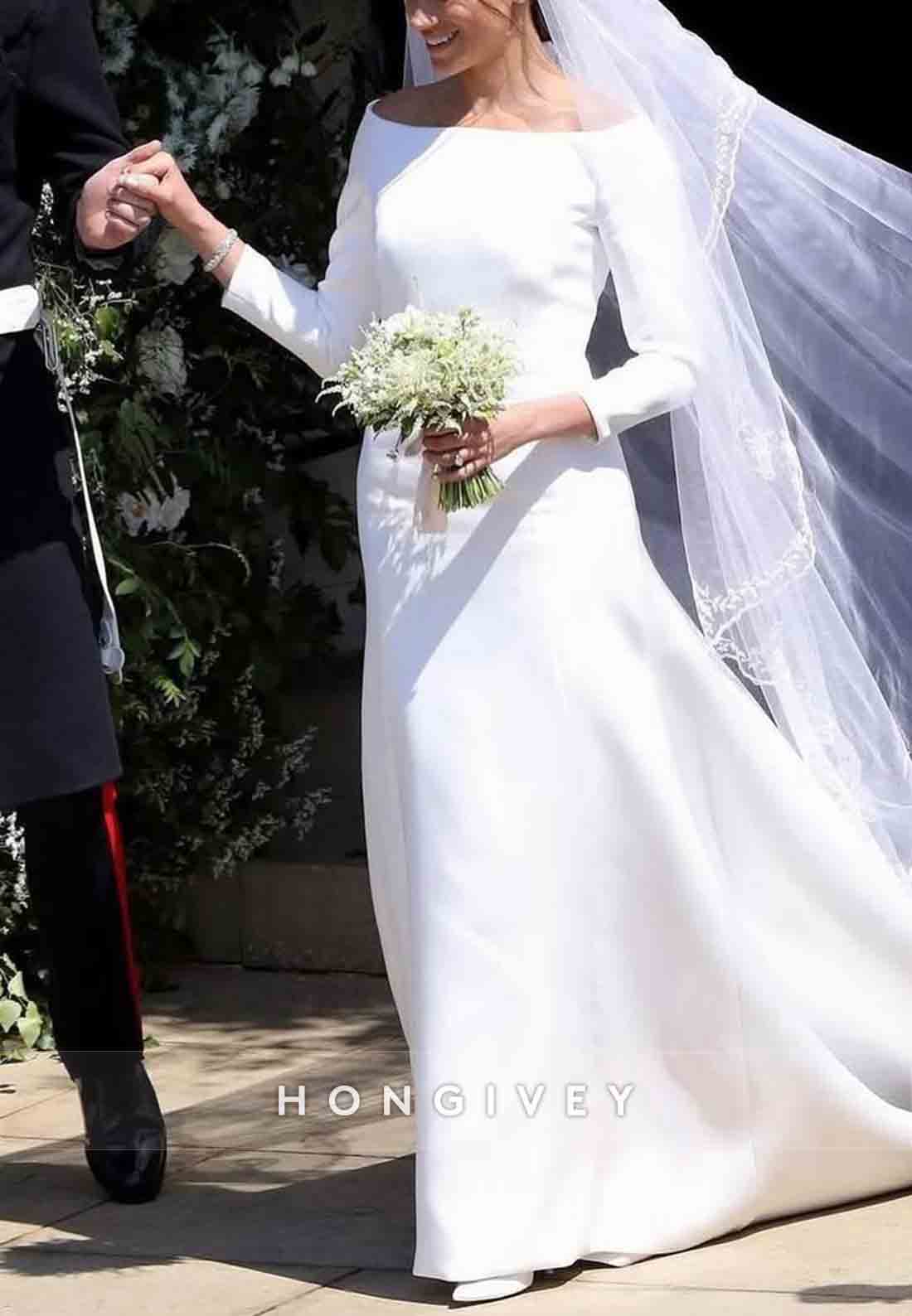 Chapel Train Bateau Neck Satin Long Sleeve Pleated Wedding Dresses