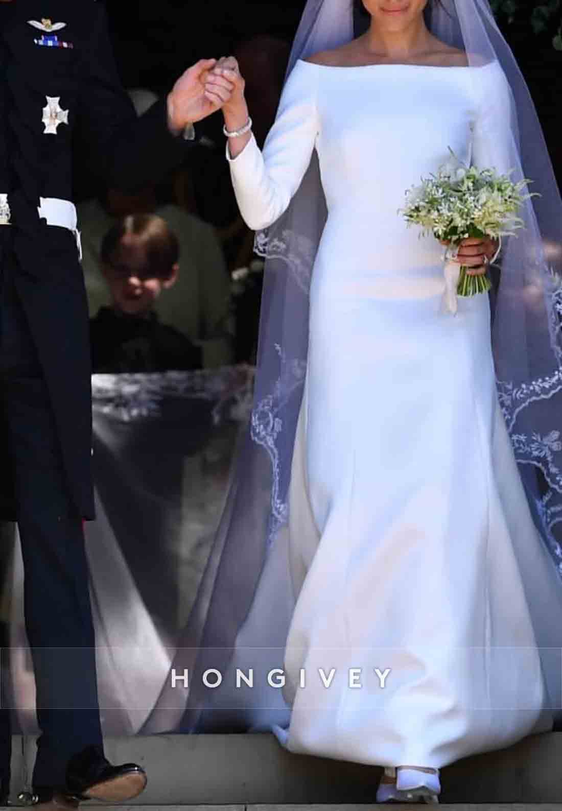 Chapel Train Bateau Neck Satin Long Sleeve Pleated Wedding Dresses