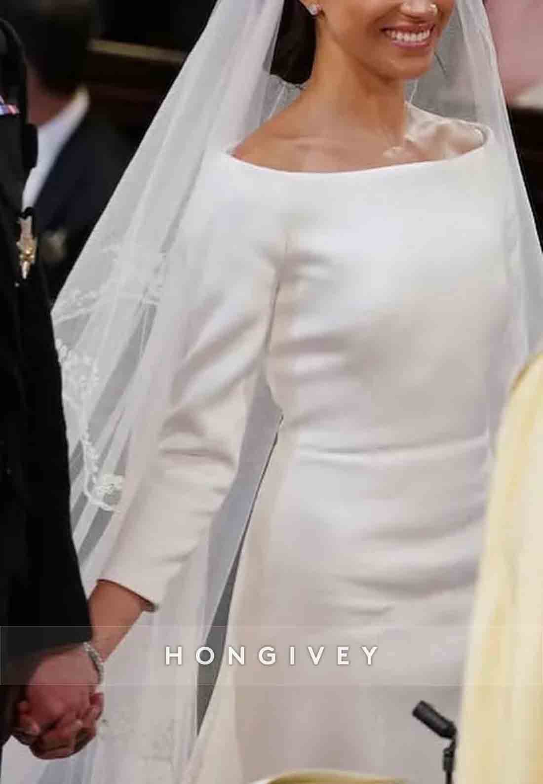 Chapel Train Bateau Neck Satin Long Sleeve Pleated Wedding Dresses