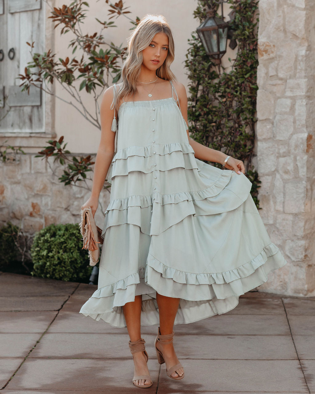 Spaghetti Strap Button-Front Tiered Ruffle Midi Dress