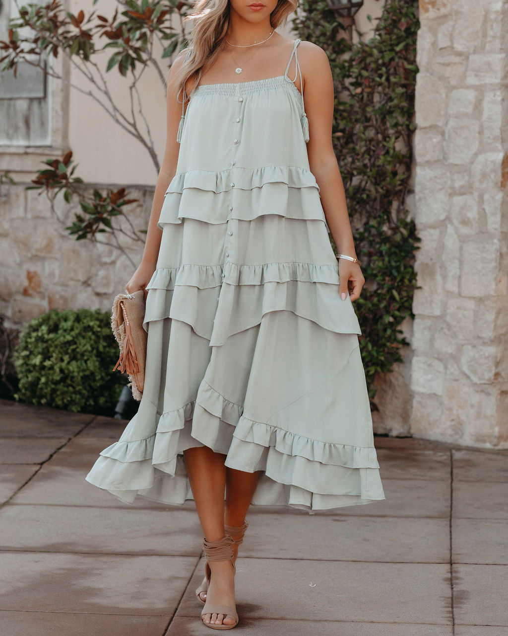 Spaghetti Strap Button-Front Tiered Ruffle Midi Dress