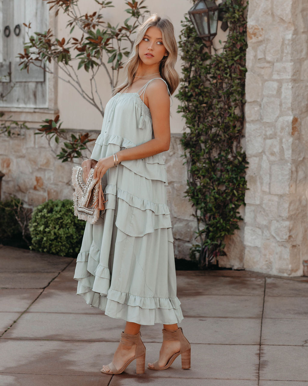 Spaghetti Strap Button-Front Tiered Ruffle Midi Dress