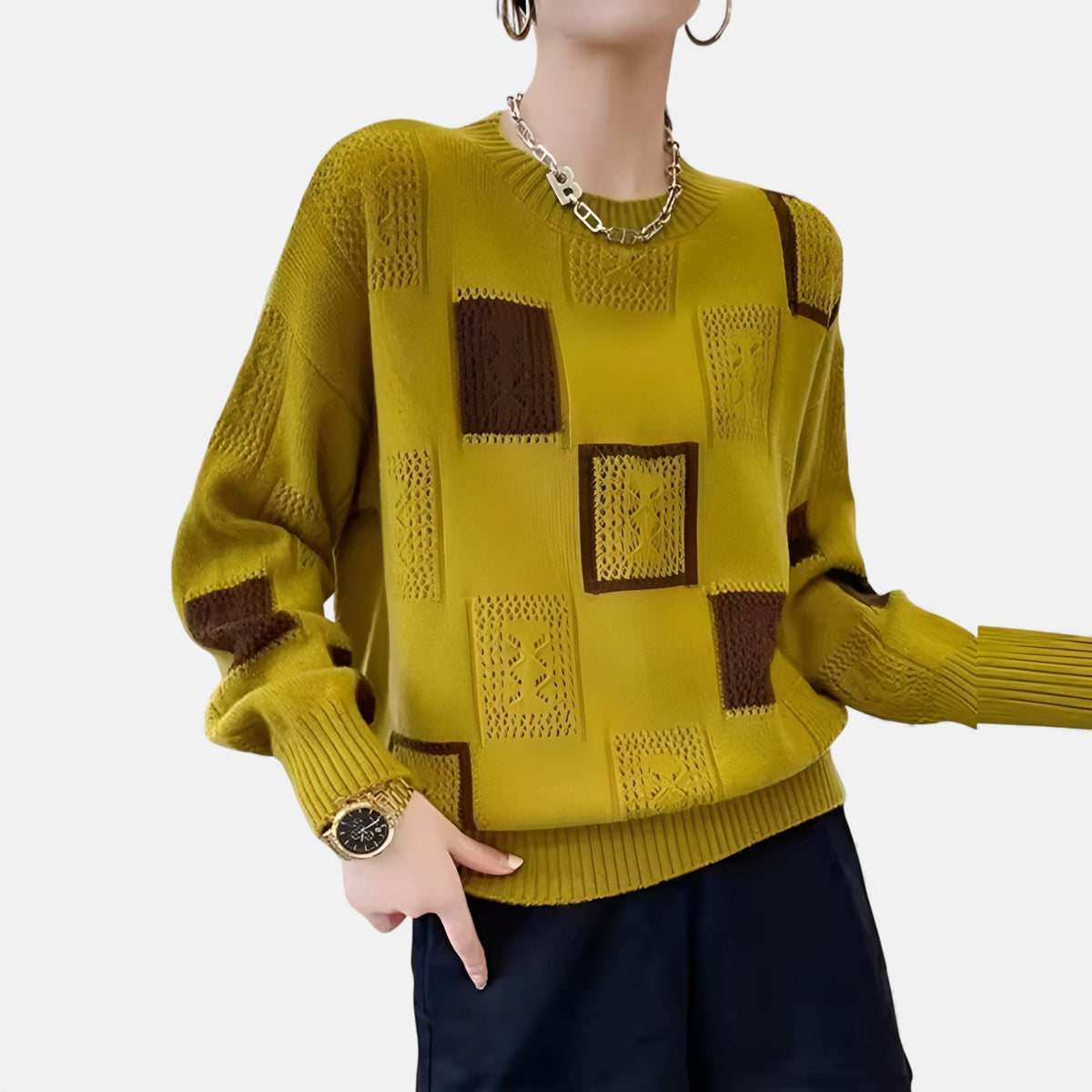 Crew Neck Long Sleeve Patchwork Pointelle Knit Sweater 7