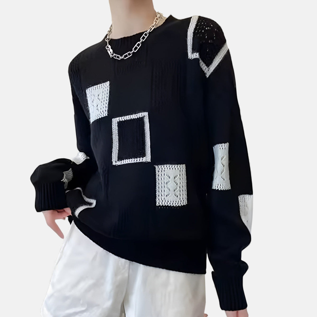 Crew Neck Long Sleeve Patchwork Pointelle Knit Sweater 6