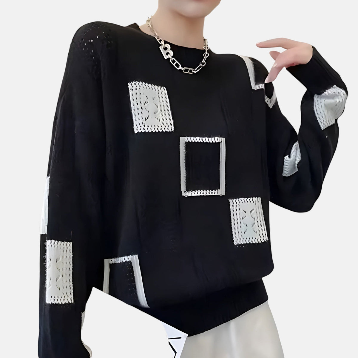Crew Neck Long Sleeve Patchwork Pointelle Knit Sweater 2