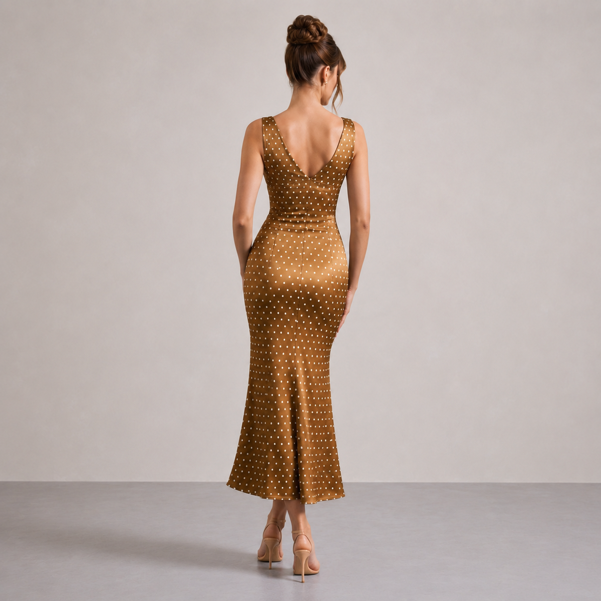 Polka Dot Satin V-Neck Fishtail Midi Dress 9