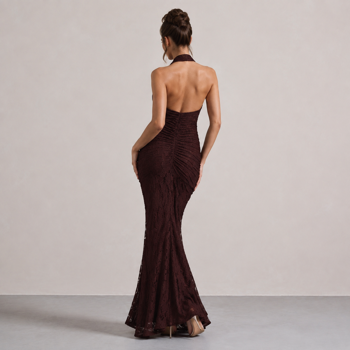 Plunge Halter Backless Ruched Lace Fishtail Maxi Gown 9