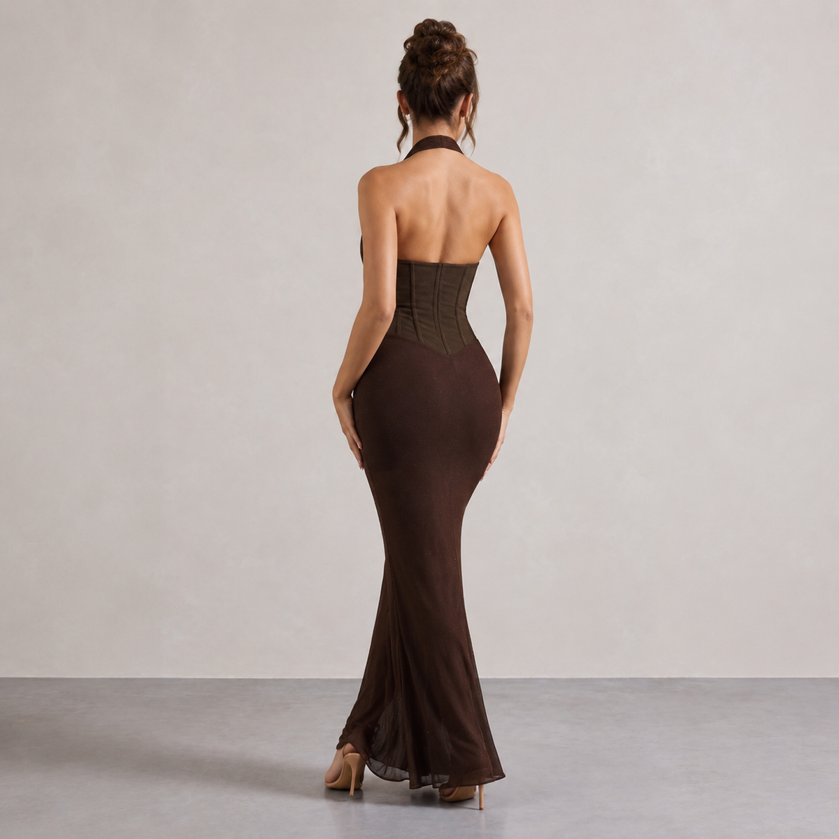 Halter Deep V-Neck Corset Glitter Fishtail Maxi Dress 3