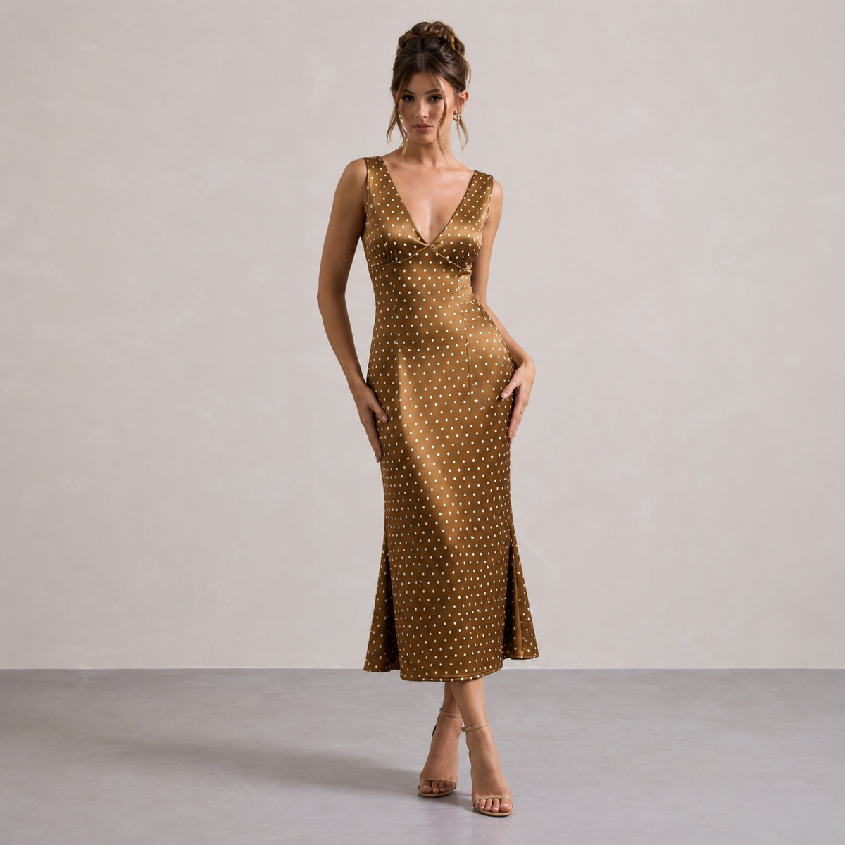 Polka Dot Satin V-Neck Fishtail Midi Dress 7