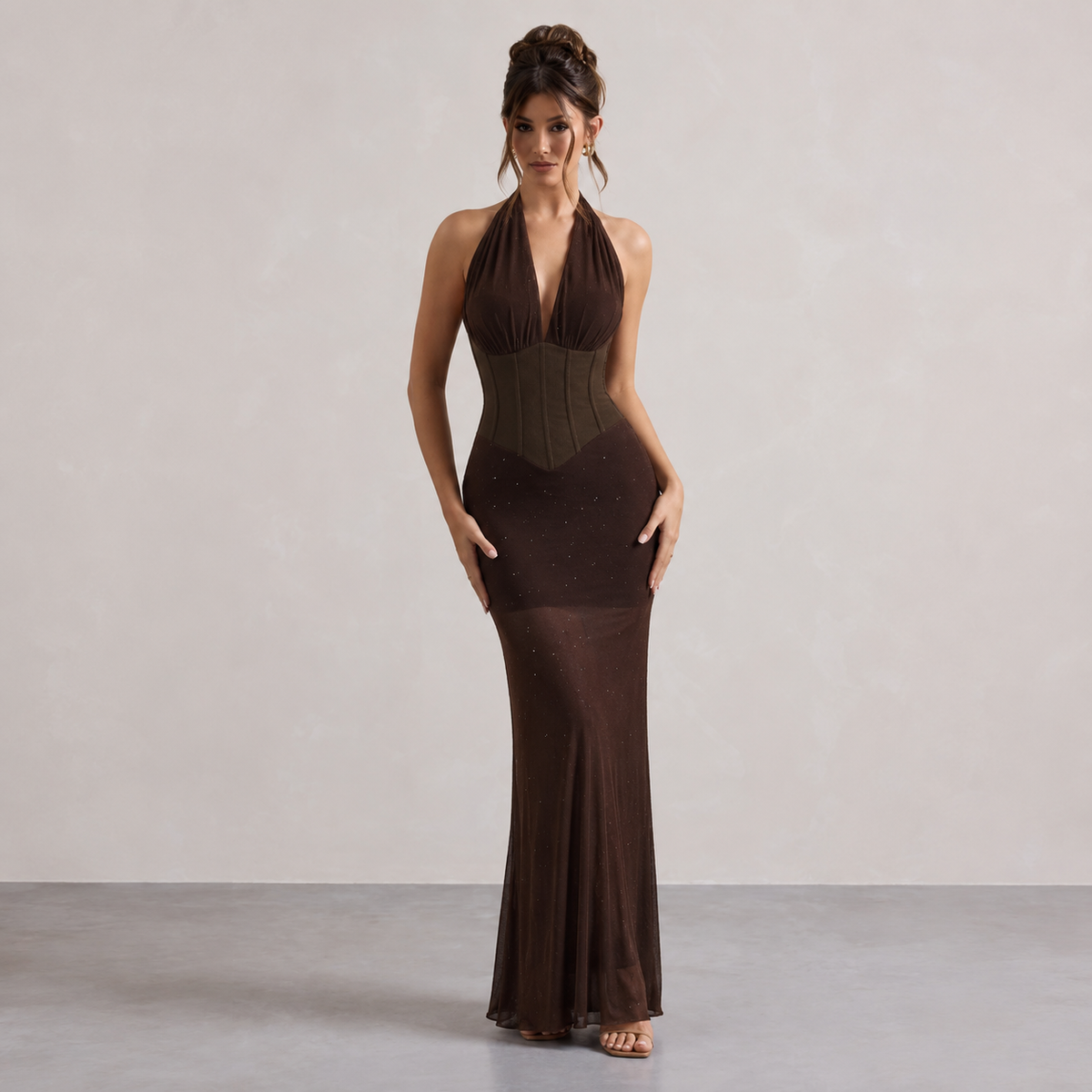 Halter Deep V-Neck Corset Glitter Fishtail Maxi Dress