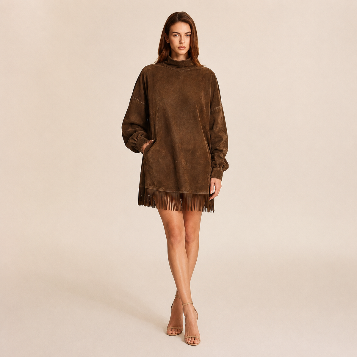 Mock Neck Long Sleeve Fringe Hem Oversized Mini Dress 5