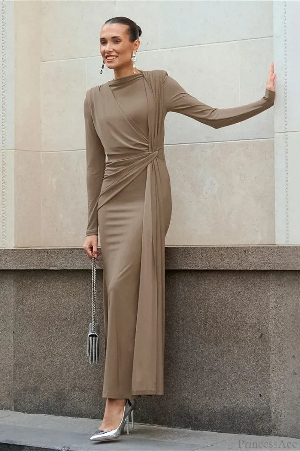 High Neck Long Sleeve Draped Bodycon Maxi Dress