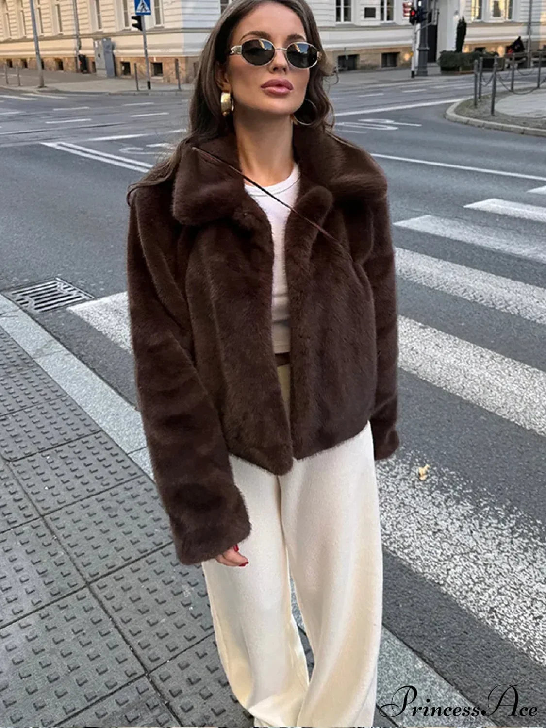 Brown Lapel Faux Fur Cropped Coat