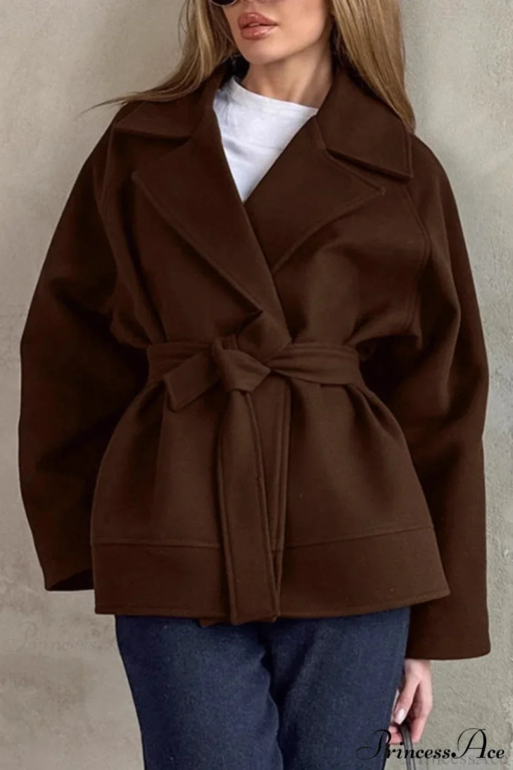 Brown Tie-Waist Wool Blend Loose Mid-Length Coat 3