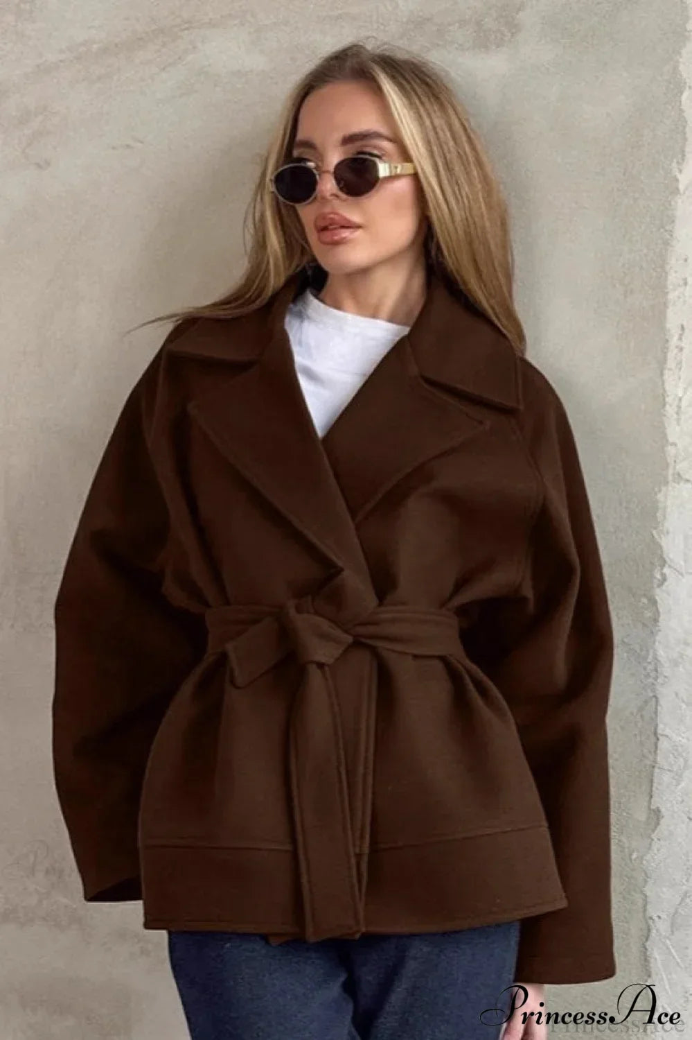 Brown Tie-Waist Wool Blend Loose Mid-Length Coat 2