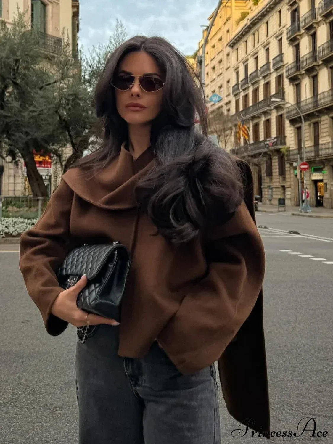 Brown Woolen Round Neck Scarf Coat