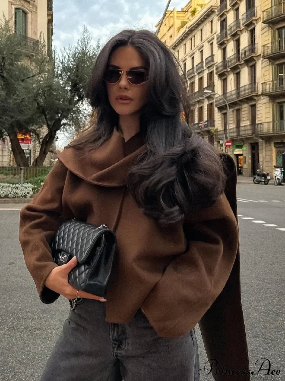 Brown Woolen Round Neck Scarf Coat