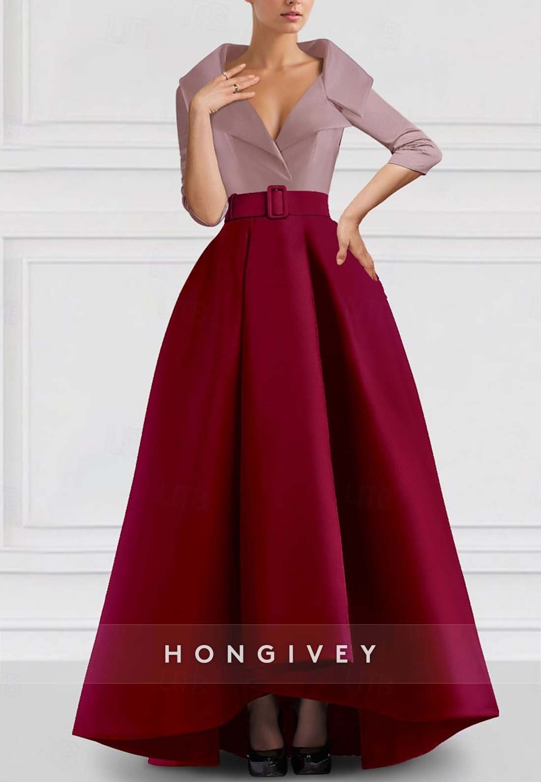 A-line Asymmetrical Evening Gown V Neck Half Sleeve Pockets Pleated Waistband Mother of the Bride