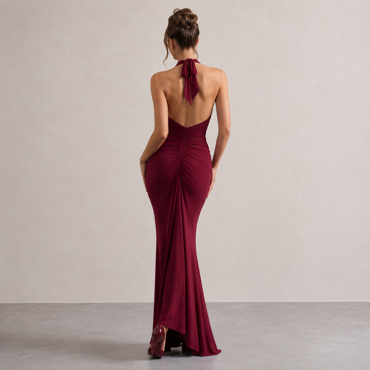Deep V-Neck Halter Ruched Fishtail Maxi Gown 9