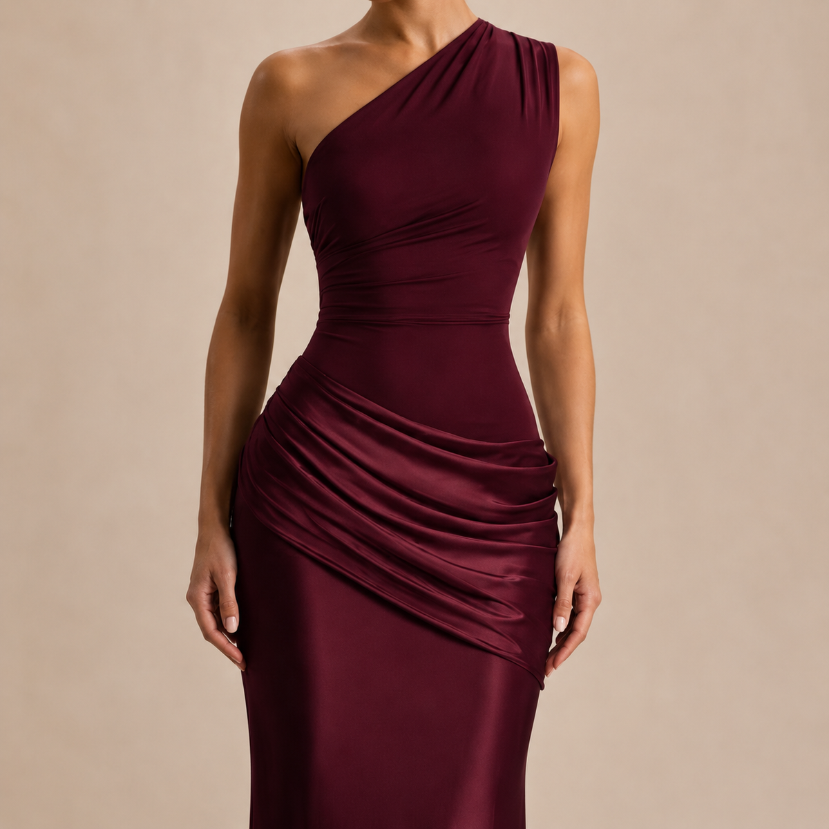One Shoulder Ruched Satin Fishtail Maxi Gown 14
