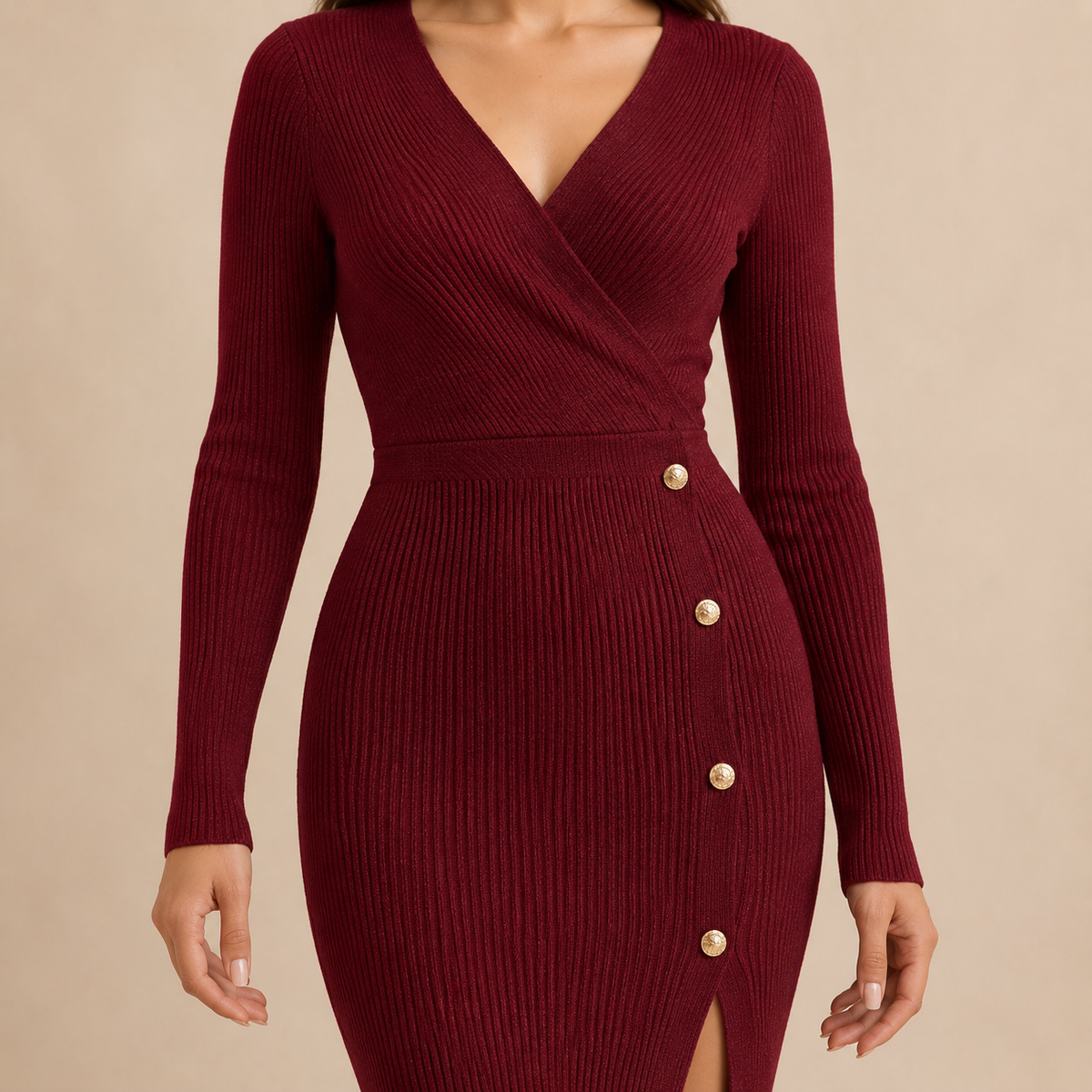 V-Neck Long Sleeve Button Side Ribbed Knit Midi Dress 6