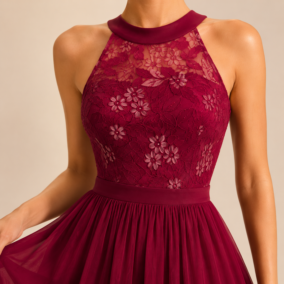 Lace Halter Neck Fit and Flare Midi Dress 5