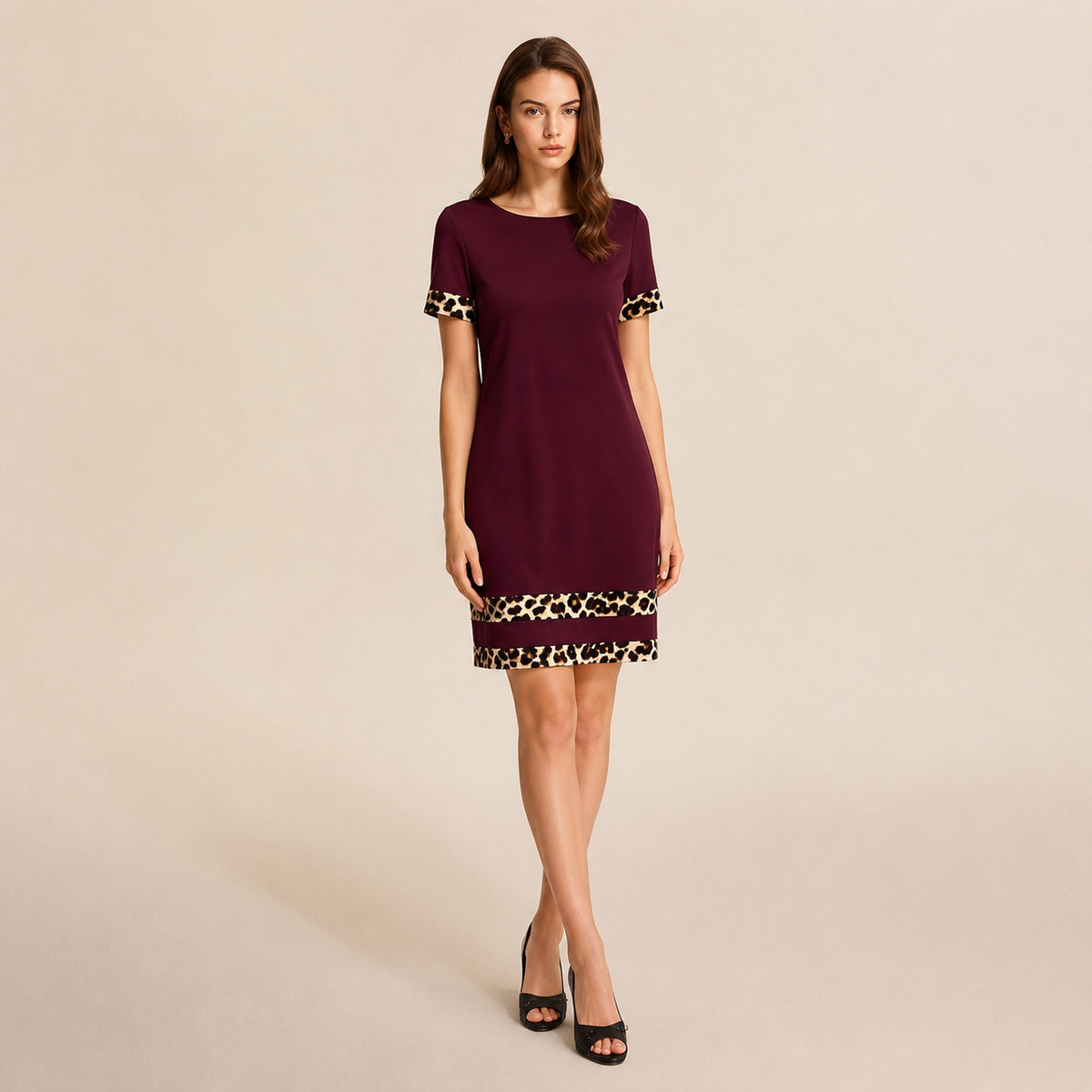 Crew Neck Short Sleeve Leopard Trim Shift Dress 7