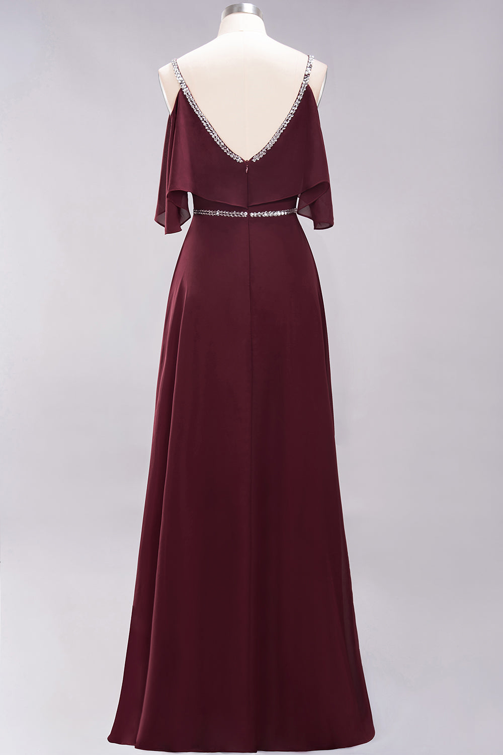 Burgundy Cold-shoulder Long Bridesmaid Dresses With Half Sleeve - Fashionpara
