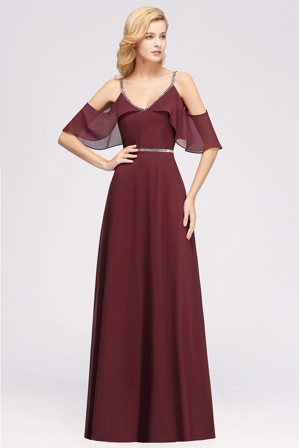 Burgundy Cold-shoulder Long Bridesmaid Dresses With Half Sleeve - Fashionpara