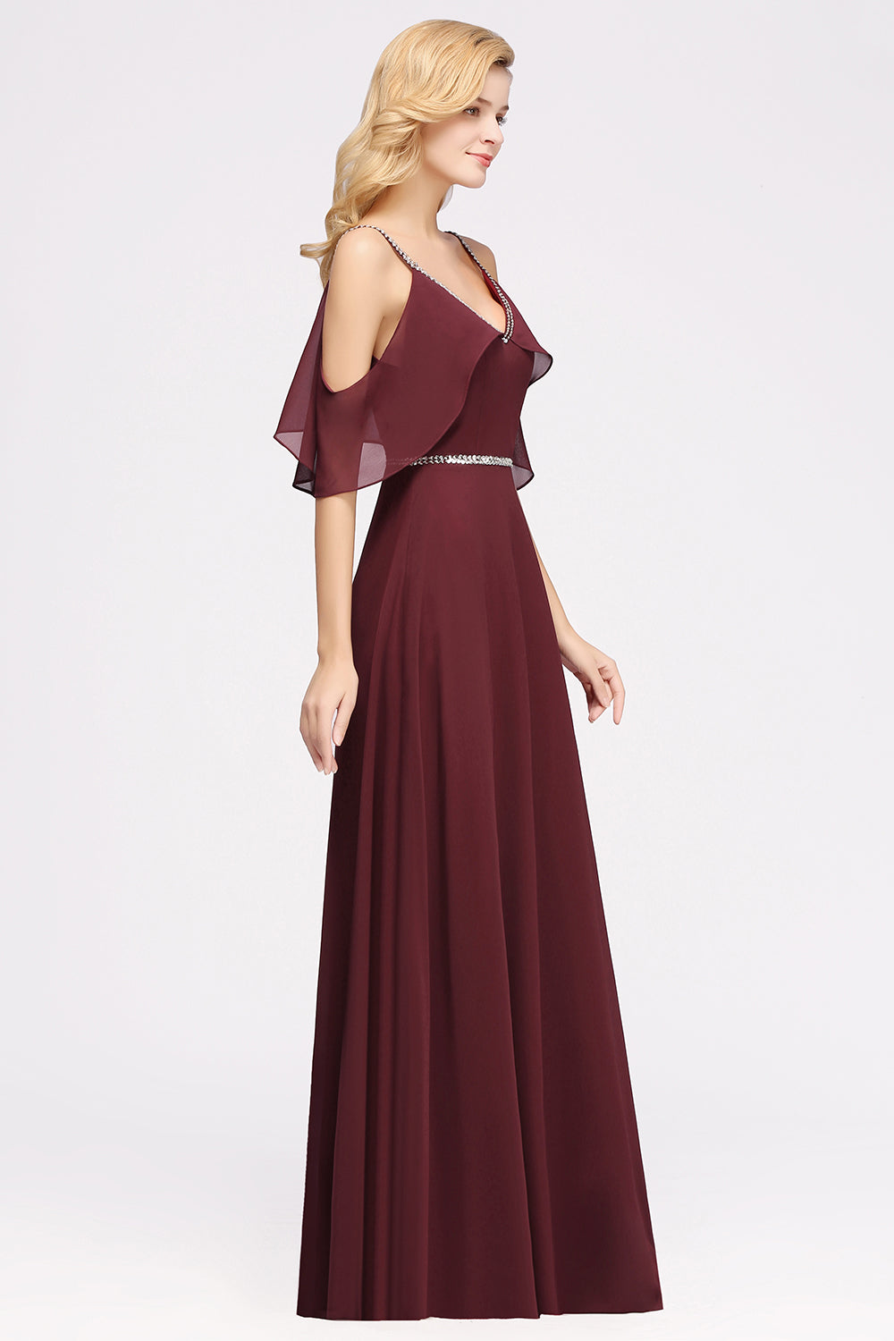 Burgundy Cold-shoulder Long Bridesmaid Dresses With Half Sleeve - Fashionpara