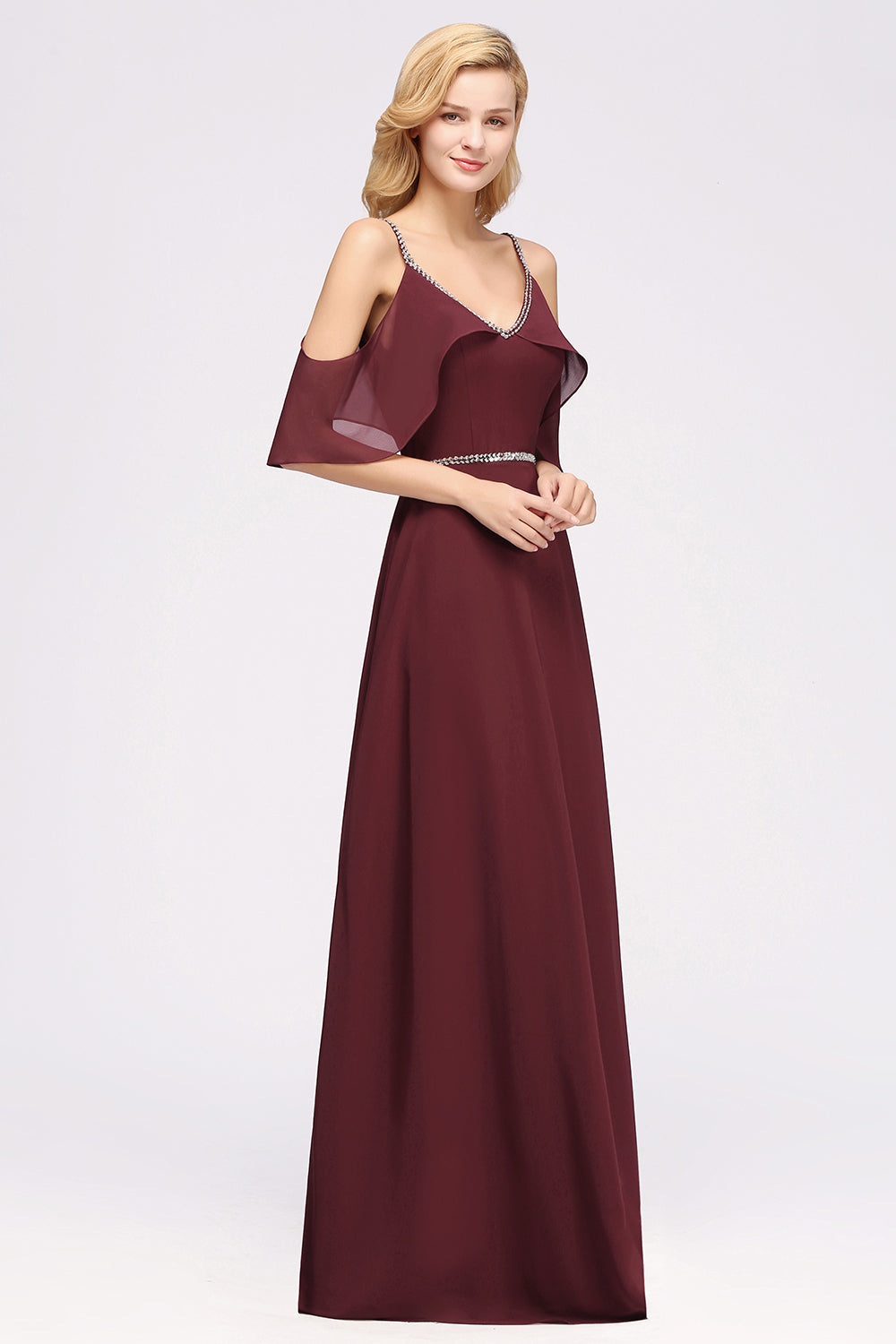 Burgundy Cold-shoulder Long Bridesmaid Dresses With Half Sleeve - Fashionpara