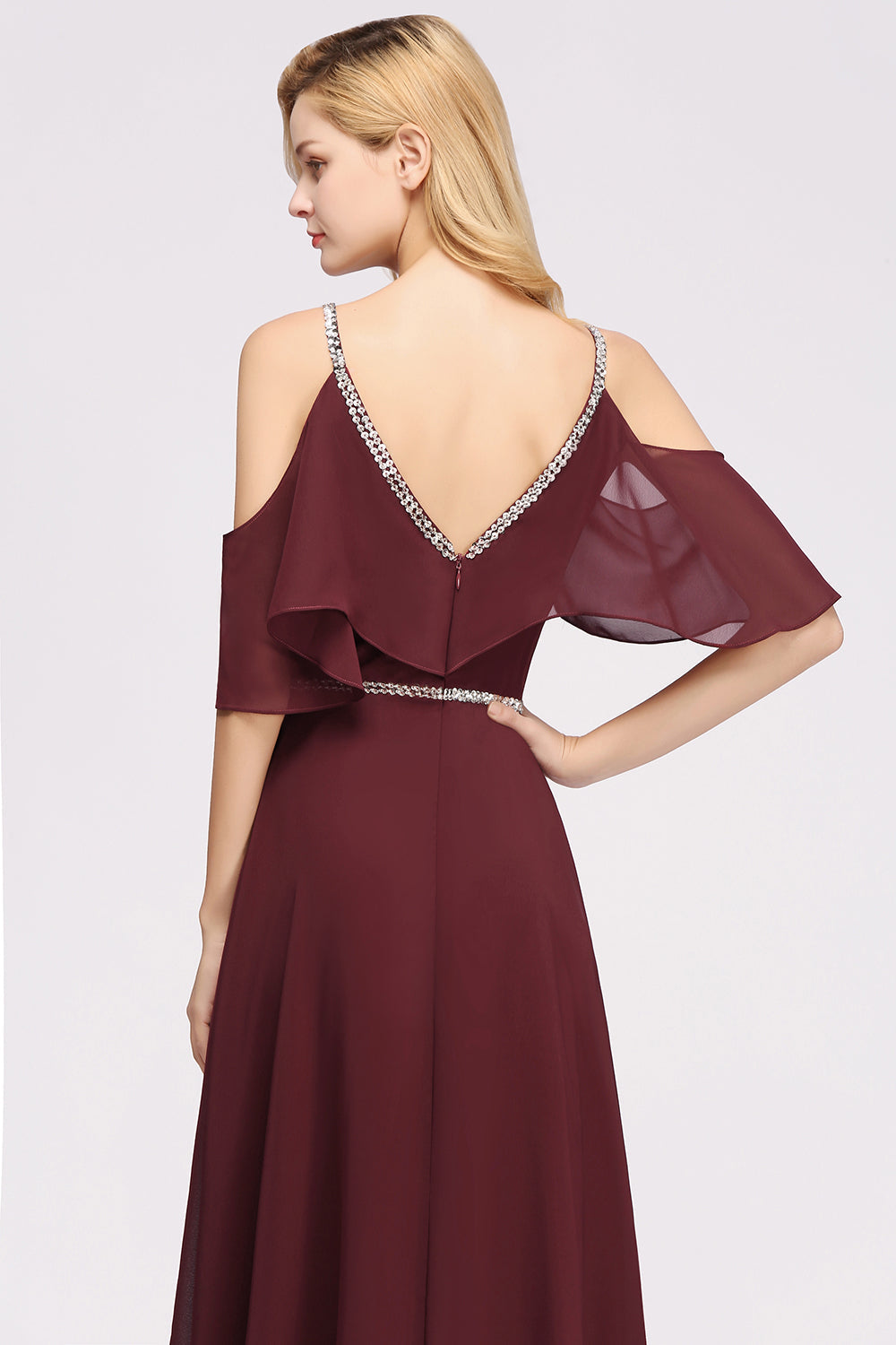 Burgundy Cold-shoulder Long Bridesmaid Dresses With Half Sleeve - Fashionpara
