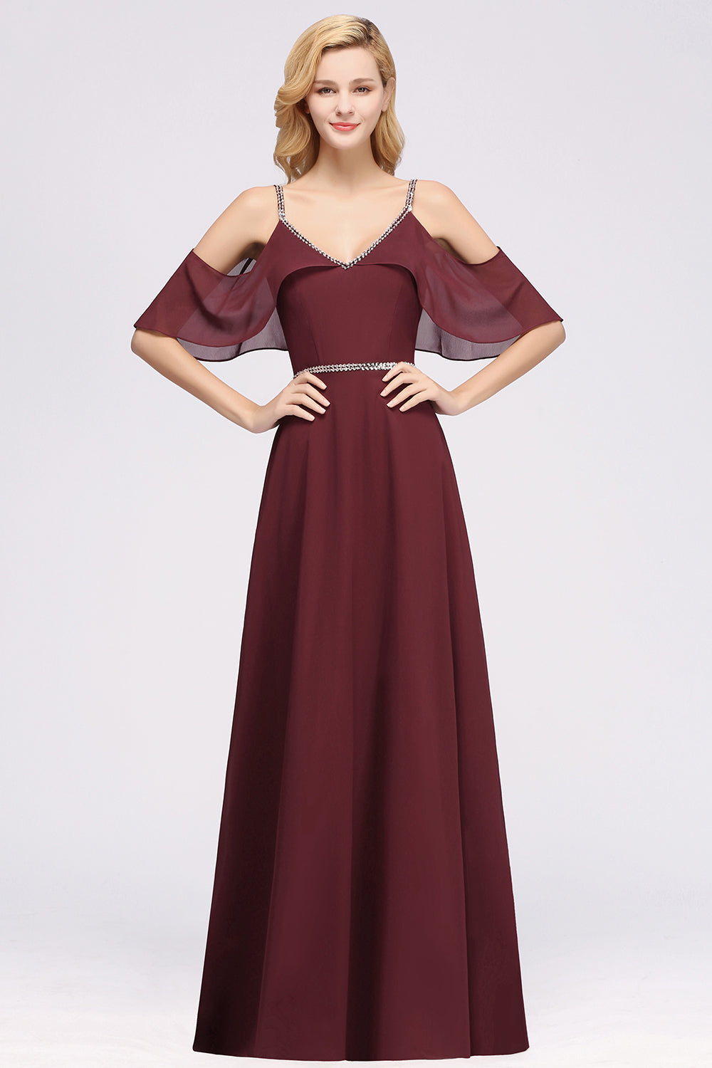 Burgundy Cold-shoulder Long Bridesmaid Dresses With Half Sleeve - Fashionpara